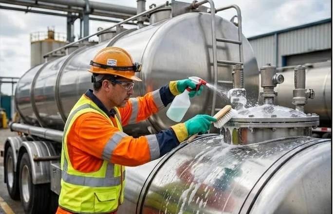 Imagen ilustrativa de un inspector con casco y chaleco aplicando solución en las tapas y válvulas de un tanque para la prueba de fugas
