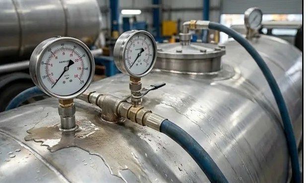 Imagen ilustrativa de dos manómetros conectados a un tanque para la prueba de presión